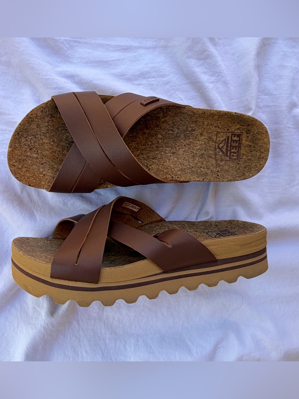 Reef Kaia Cross Sz 8 sandals nutmeg cork footbed slides platform arch comfort!
